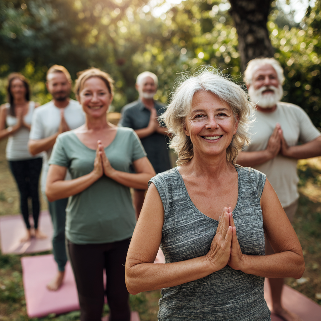 Grup de adulți români de diferite vârste practicând yoga într-un studio luminos, concentrați și zâmbitori
